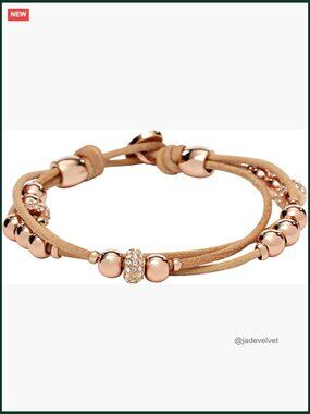 Triple Strand Leather Wrap Bracelet with Rose Gold Accents - Button Clasp
